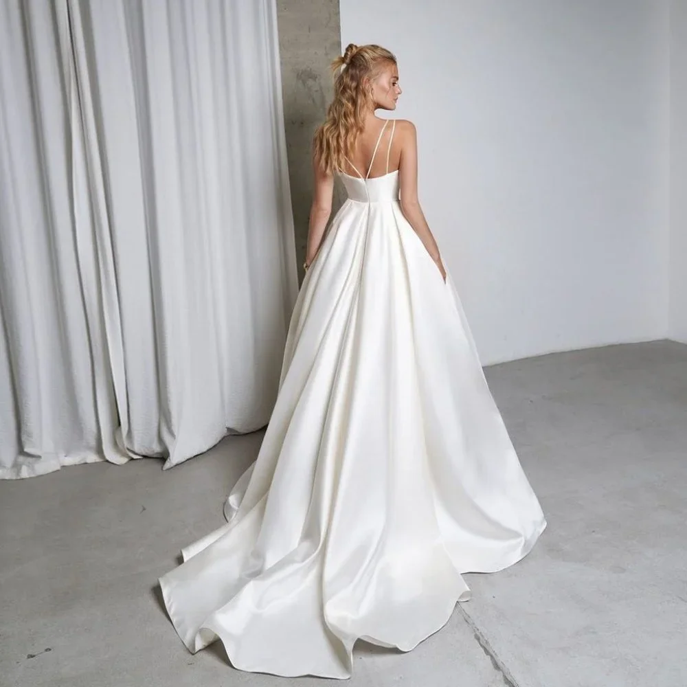 Fashion Satin Wedding Dress 2022 Custom Size Sexy Spaghetti Straps Ruched Pleats - Picture 2 of 6